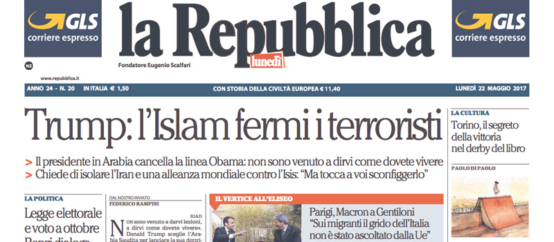 Le prime pagine dei giornali lunedì 22 maggio 2017