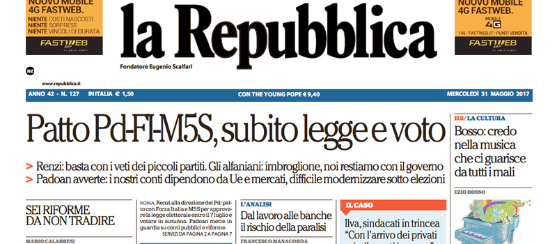 Le prime pagine dei giornali mercoledì 31 maggio 2017