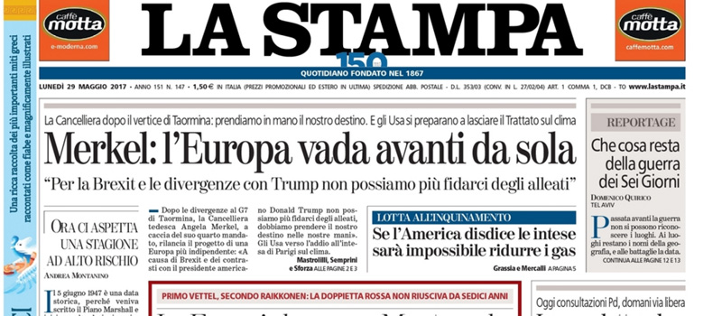 Le prime pagine dei giornali lunedì 29 maggio 2017