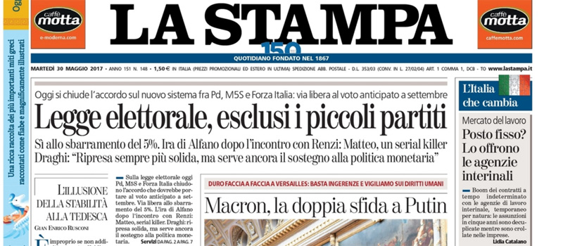 Le prime pagine dei giornali martedì 30 maggio 2017