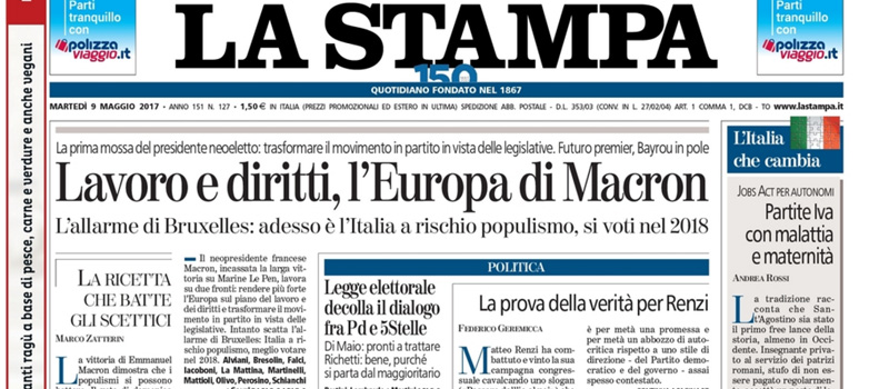 Le prime pagine dei giornali martedì 9 maggio 2017
