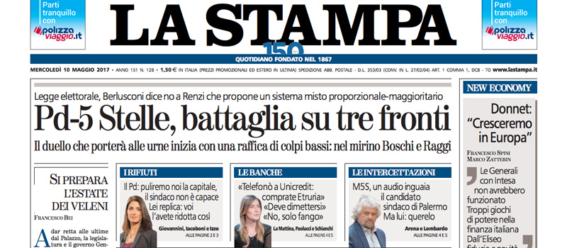 Le prime pagine dei giornali mercoledì 10 maggio 2017