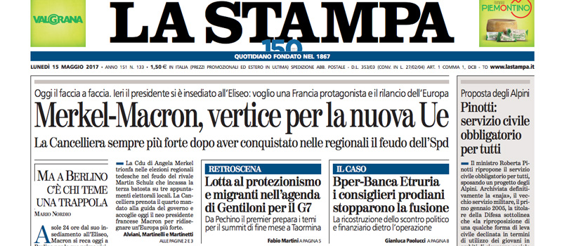 Le prime pagine dei giornali lunedì 15 maggio 2017