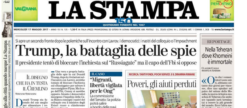Le prime pagine dei giornali mercoledì 17 maggio 2017