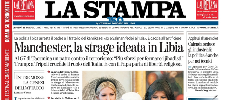 Le prime pagine dei giornali giovedì 25 maggio 2017