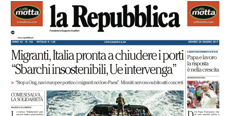 Le prime pagine dei giornali giovedì 29 giugno 2017