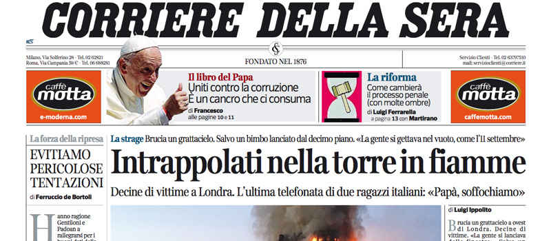 Le prime pagine dei giornali giovedì 15 giugno 2017