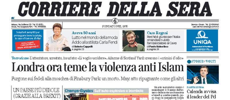 Le prime pagine dei giornali martedì 20 giugno 2017