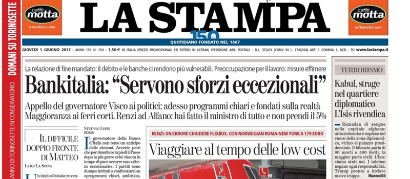 Le prime pagine dei giornali giovedì 1 giugno 2017