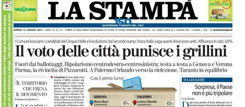 Le prime pagine dei giornali lunedì 12 giugno 2017
