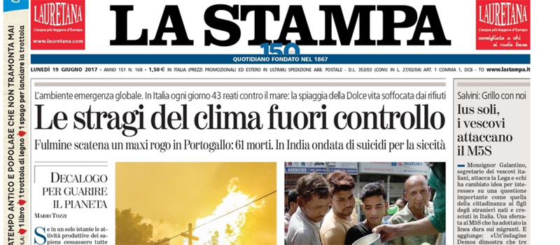 Le prime pagine dei giornali lunedì 19 giugno 2017