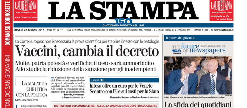 Le prime pagine dei giornali giovedì 22 giugno 2017