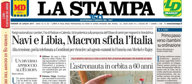 Le prime pagine dei giornali venerdì 28 luglio 2017
