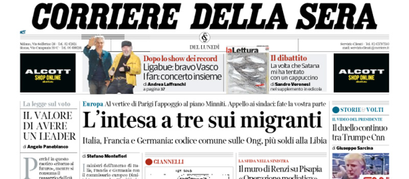 Le prime pagine dei giornali lunedì 3 luglio 2017