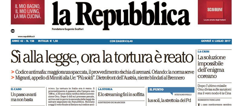 Le prime pagine dei giornali giovedì 6 luglio 2017