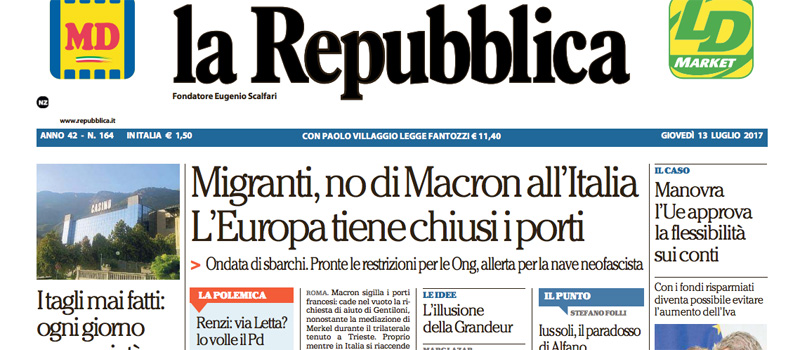 Le prime pagine dei giornali giovedì 13 luglio 2017