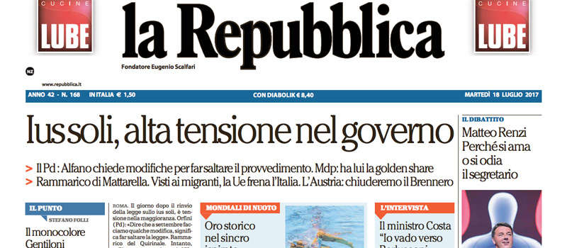 Le prime pagine dei giornali martedì 18 luglio 2017