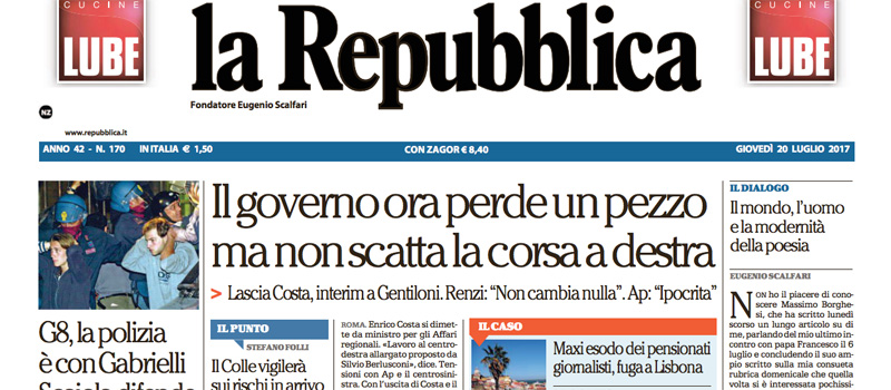 Le prime pagine dei giornali giovedì 20 luglio 2017