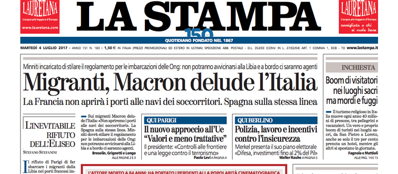 Le prime pagine dei giornali martedì 4 luglio 2017