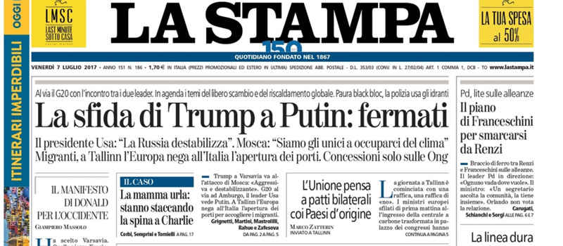 Le prime pagine dei giornali venerdì 7 luglio 2017