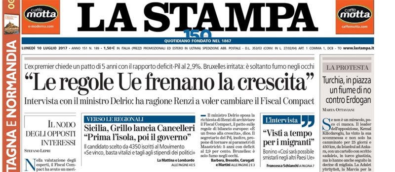 Le prime pagine dei giornali lunedì 10 luglio 2017