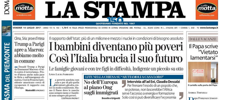Le prime pagine dei giornali venerdì 14 luglio 2017