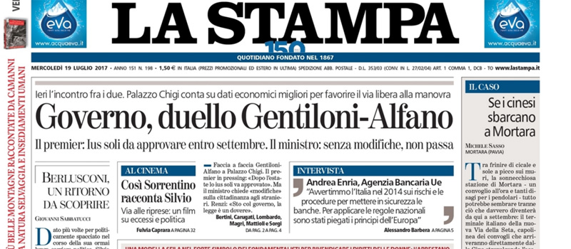Le prime pagine dei giornali mercoledì 19 luglio 2017