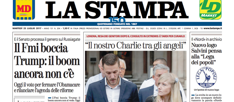 Le prime pagine dei giornali martedì 25 luglio 2017