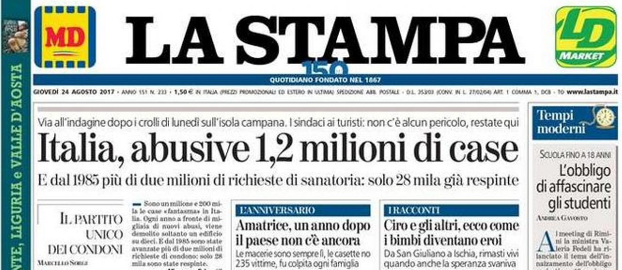 Le prime pagine dei giornali giovedì 24 agosto 2017