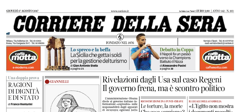 Le prime pagine dei giornali giovedì 17 agosto 2017