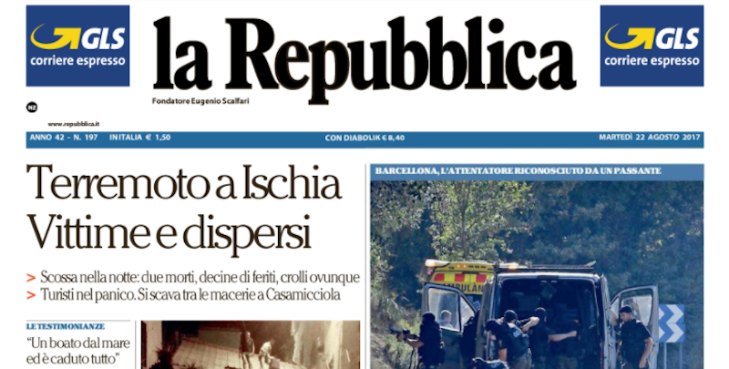 Le prime pagine dei giornali martedì 22 agosto 2017
