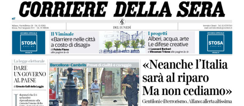 Le prime pagine dei giornali lunedì 21 agosto 2017