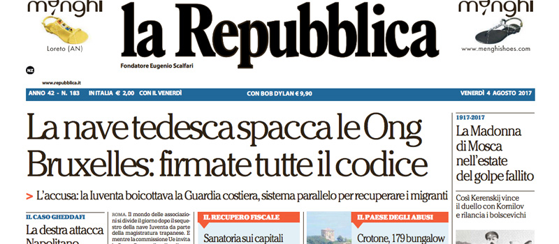 Le prime pagine dei giornali venerdì 4 agosto 2017