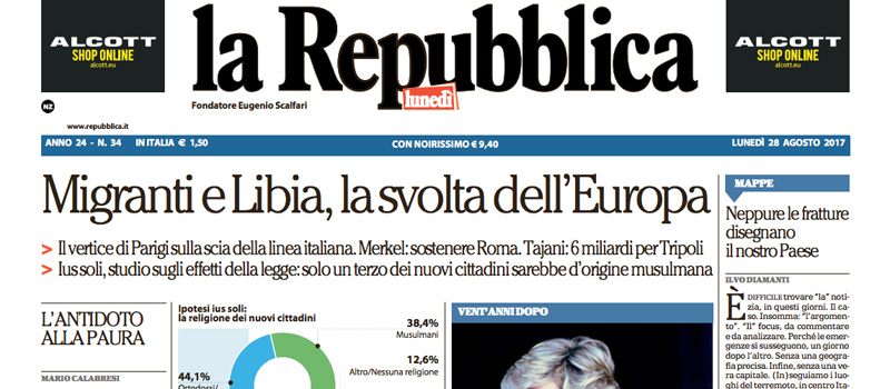 Le prime pagine dei giornali lunedì 28 agosto 2017