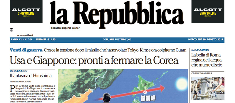 Le prime pagine dei giornali mercoledì 30 agosto 2017