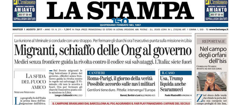 Le prime pagine dei giornali martedì 1 agosto 2017