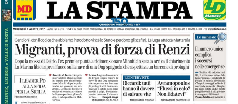 Le prime pagine dei giornali mercoledì 9 agosto 2017