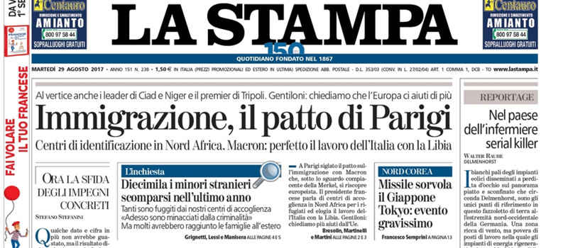 Le prime pagine dei giornali martedì 29 agosto 2017