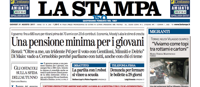 Le prime pagine dei giornali giovedì 31 agosto 2017