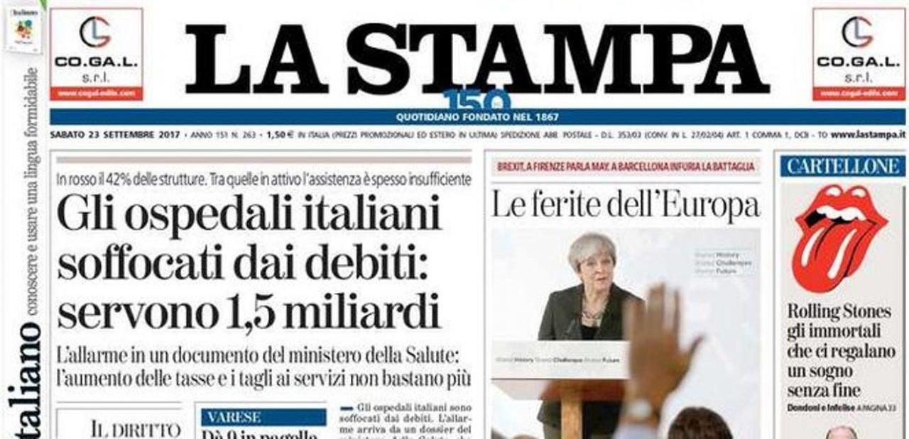 Le prime pagine dei giornali sabato 23 settembre 2017