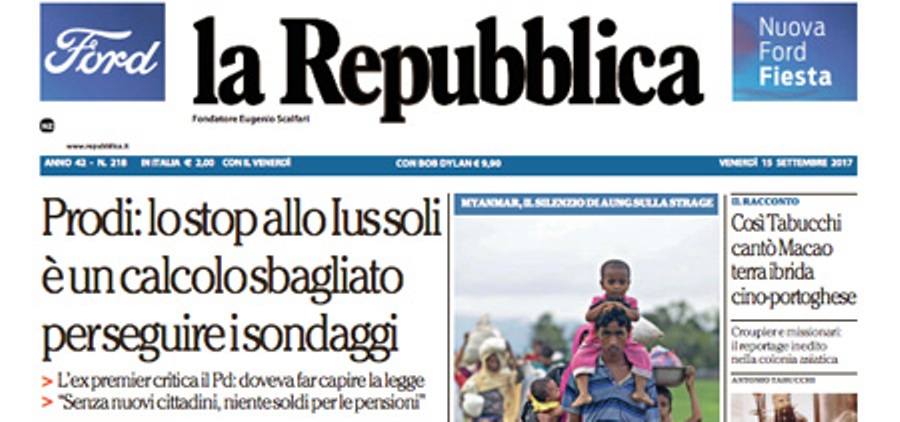 Le prime pagine dei giornali venerdì 15 settembre 2017