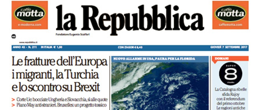 Le prime pagine dei giornali giovedì 7 settembre 2017