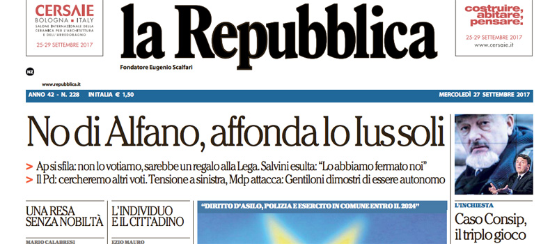 Le prime pagine dei giornali mercoledì 27 settembre 2017