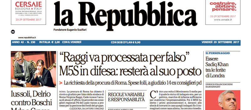 Le prime pagine dei giornali venerdì 29 settembre 2017