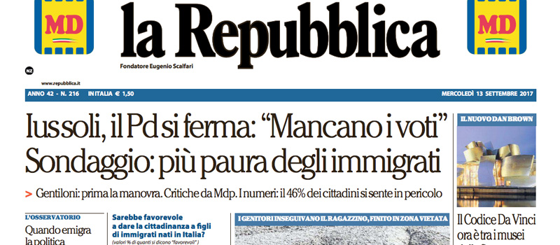 Le prime pagine dei giornali mercoledì 13 settembre 2017