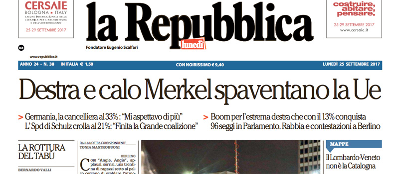 Le prime pagine dei giornali lunedì 25 settembre 2017