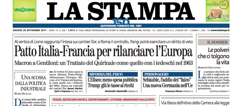 Le prime pagine dei giornali giovedì 28 settembre 2017