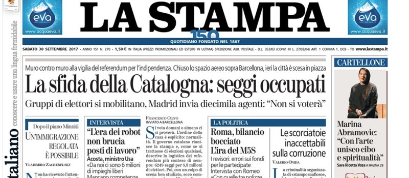 Le prime pagine dei giornali sabato 30 settembre 2017