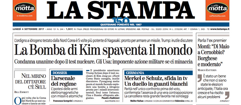 Le prime pagine dei giornali lunedì 4 settembre 2017