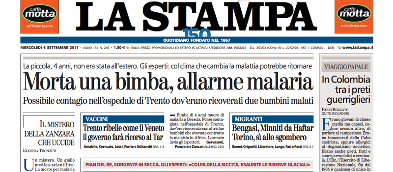Le prime pagine dei giornali mercoledì 6 settembre 2017